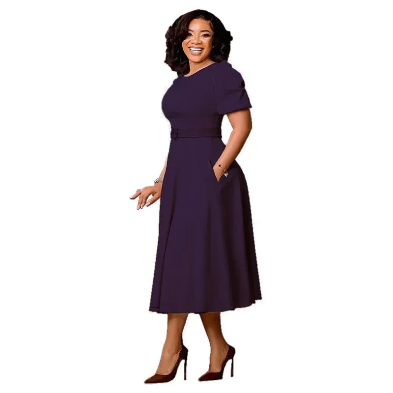 Luxencea™️ Elegant Midi Waist-Fitted Dress with Belt
