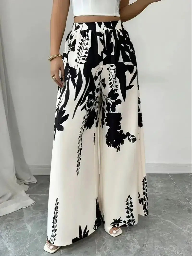Luxencea™️ Elegant Black &amp; White Floral Wide-Leg Pants