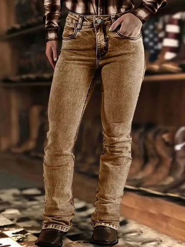 Luxencea™ Retro Brown Slim-Fit Flared Denim Jeans for Women