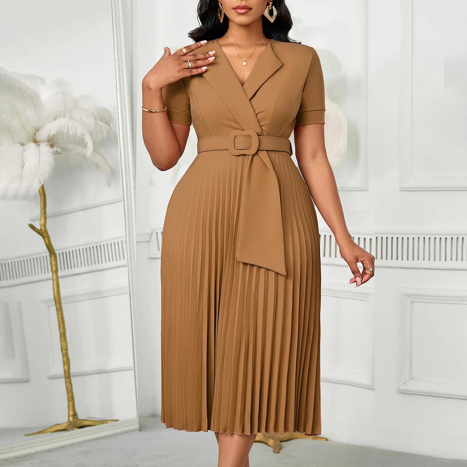 Luxencea™️ Pleated Belted Elegance Dress