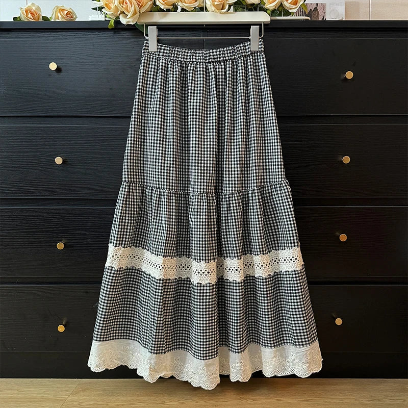 Luxencea™️ Elegant Gingham Lace Maxi Skirt