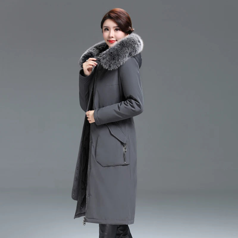 Luxencea™ Elegant Long Down Coat with Fox Fur Collar