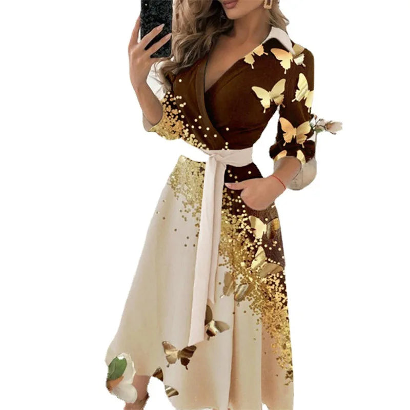 Luxencea™️ Golden Butterfly Belted Chic Dress