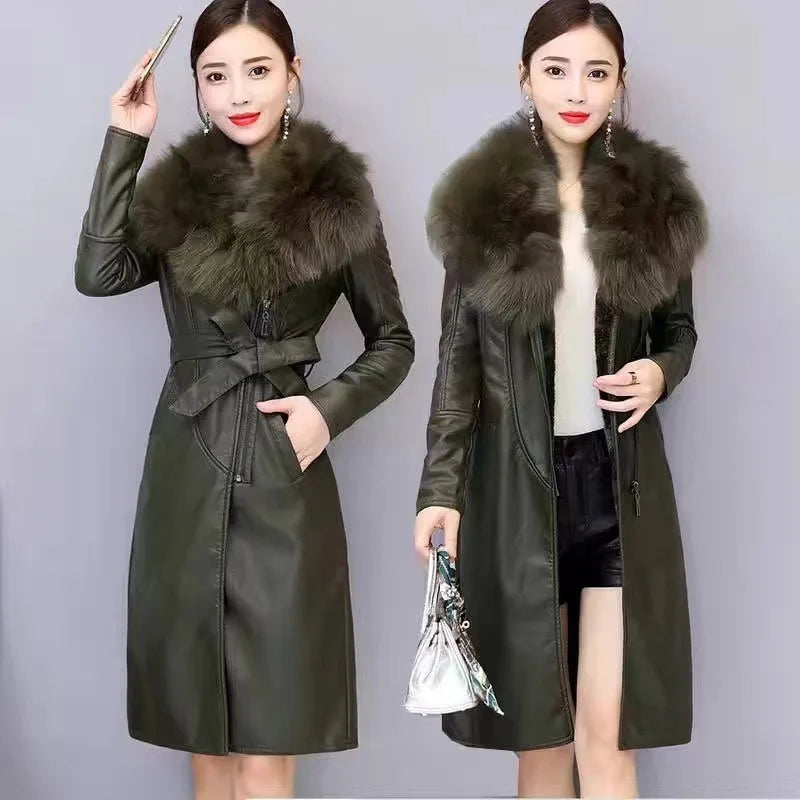 Luxencea™ PU Leather Fur Collar Mid-Length Winter Coat for Women