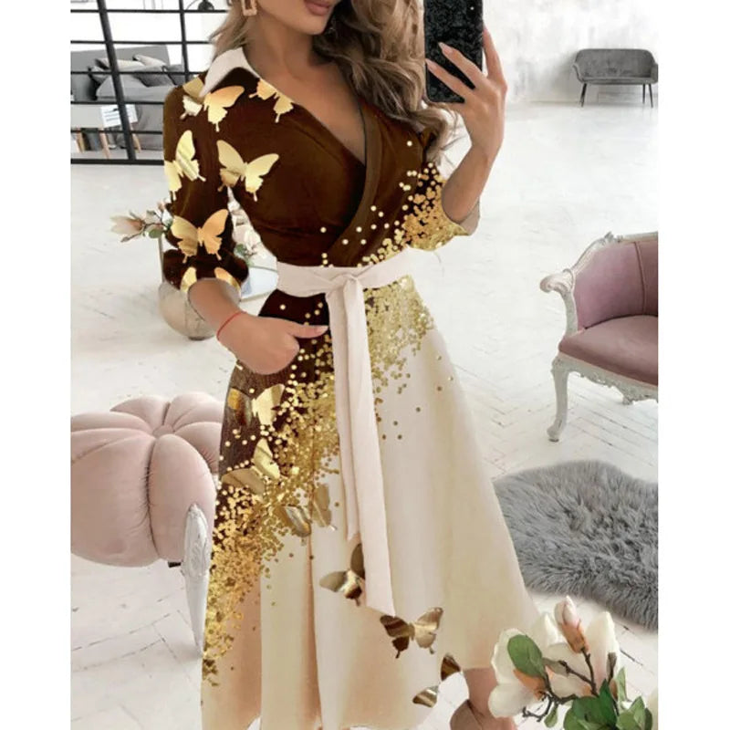 Luxencea™️ Golden Butterfly Belted Chic Dress