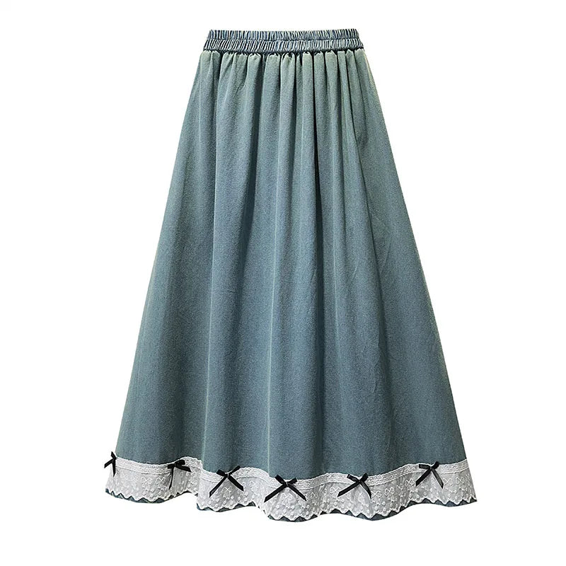 Luxencea™️ Gathered Waist Long Skirt with Lace &amp; Bows