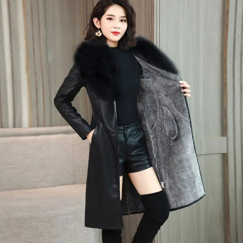 Luxencea™ PU Leather Fur Collar Mid-Length Winter Coat for Women