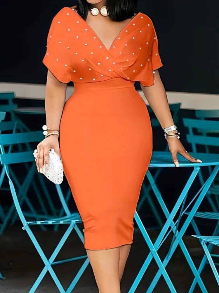 Luxencea™️ Elegant Pearl Detail Bodycon Dress