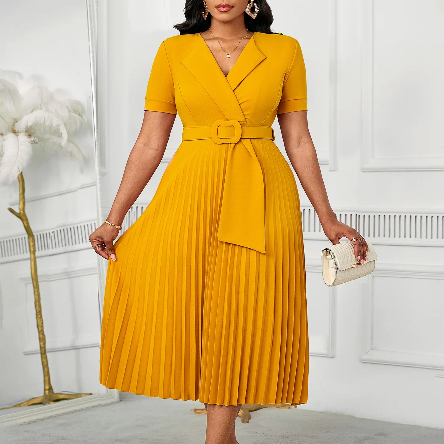 Luxencea™️ Pleated Belted Elegance Dress