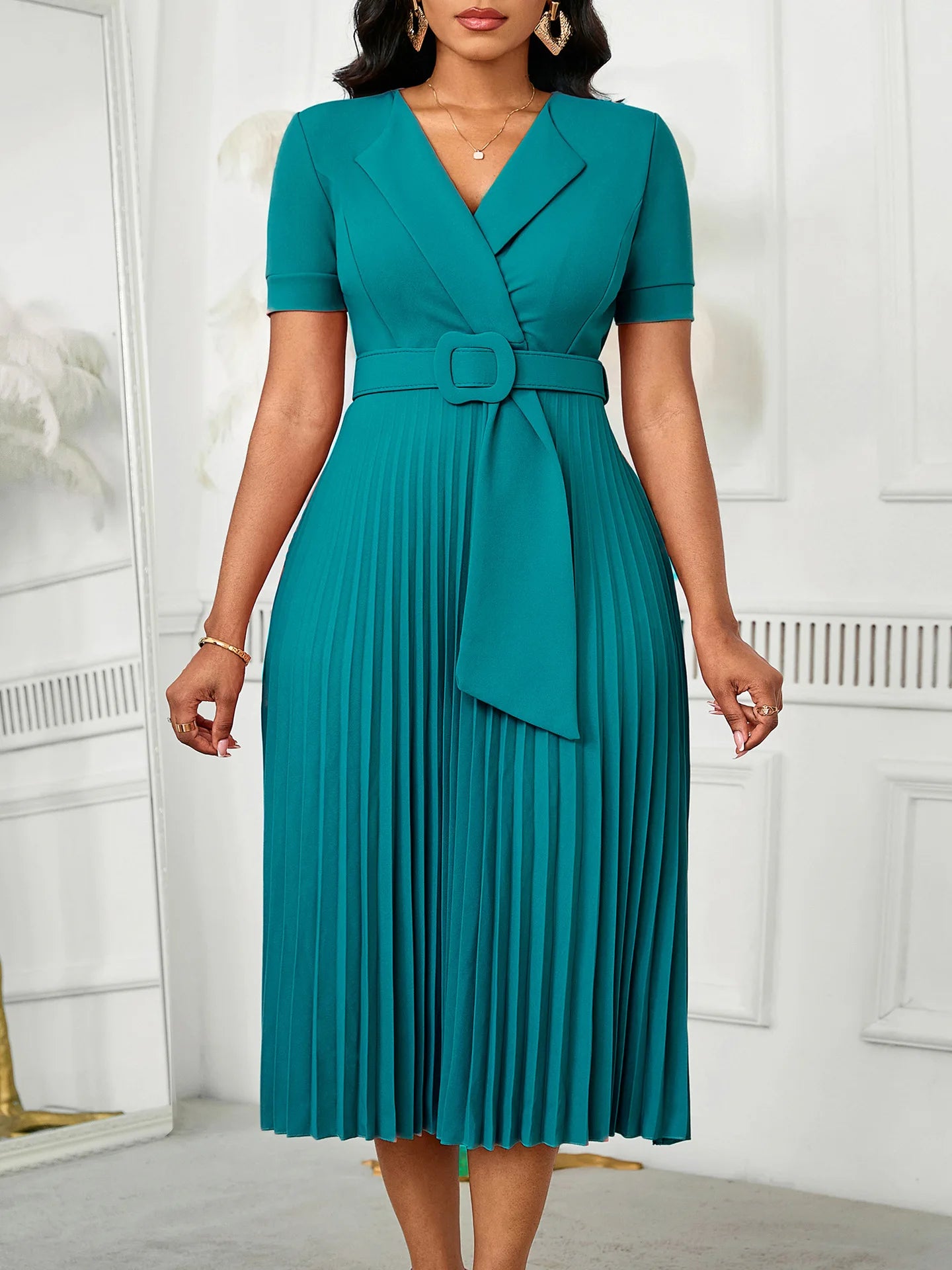 Luxencea™️ Pleated Belted Elegance Dress
